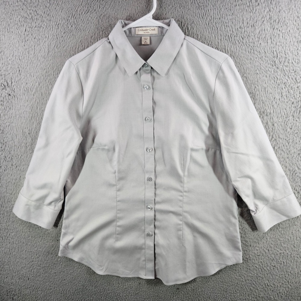 Coldwater Creek No Iron‎ Gray Cotton 3/4 Sleeve Button Down Shirt Womens Medium